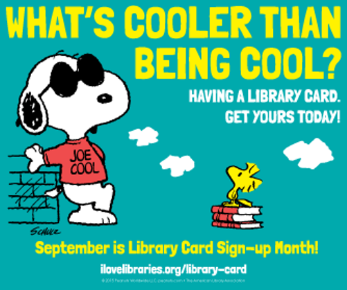 Promotional graphic for Library Card Sign-up Month, featuring Snoopy