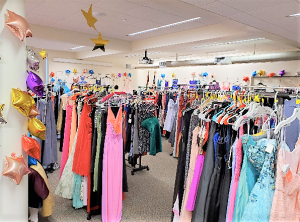 Formalwear dresses on racks