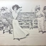 This is a Gibson's Girls drawing with the ladies being impacted by a windy day near the water
