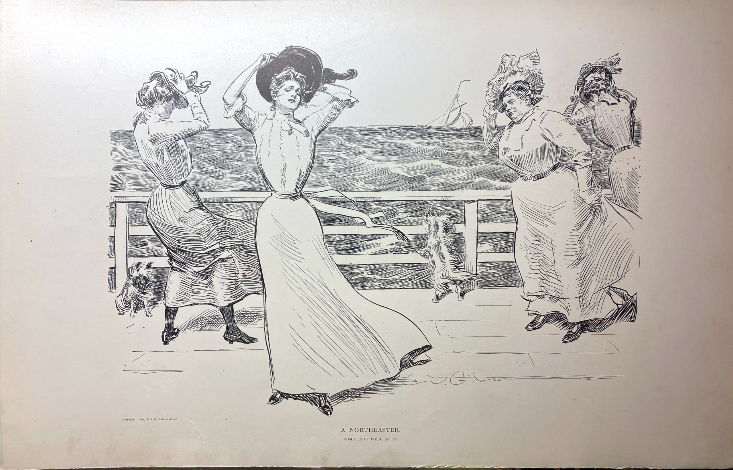 This is a Gibson's Girls drawing with the ladies being impacted by a windy day near the water