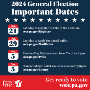 2024 General Election Important Dates: Oct 21: last day to register to vote. Oct 29: Last day to apply for a mail ballot. Nov 5: Election Day Polls open from 7a.m.-8p.m. Mail ballots must be received by 8p.m.. Get ready to vote: vote.pa.gov